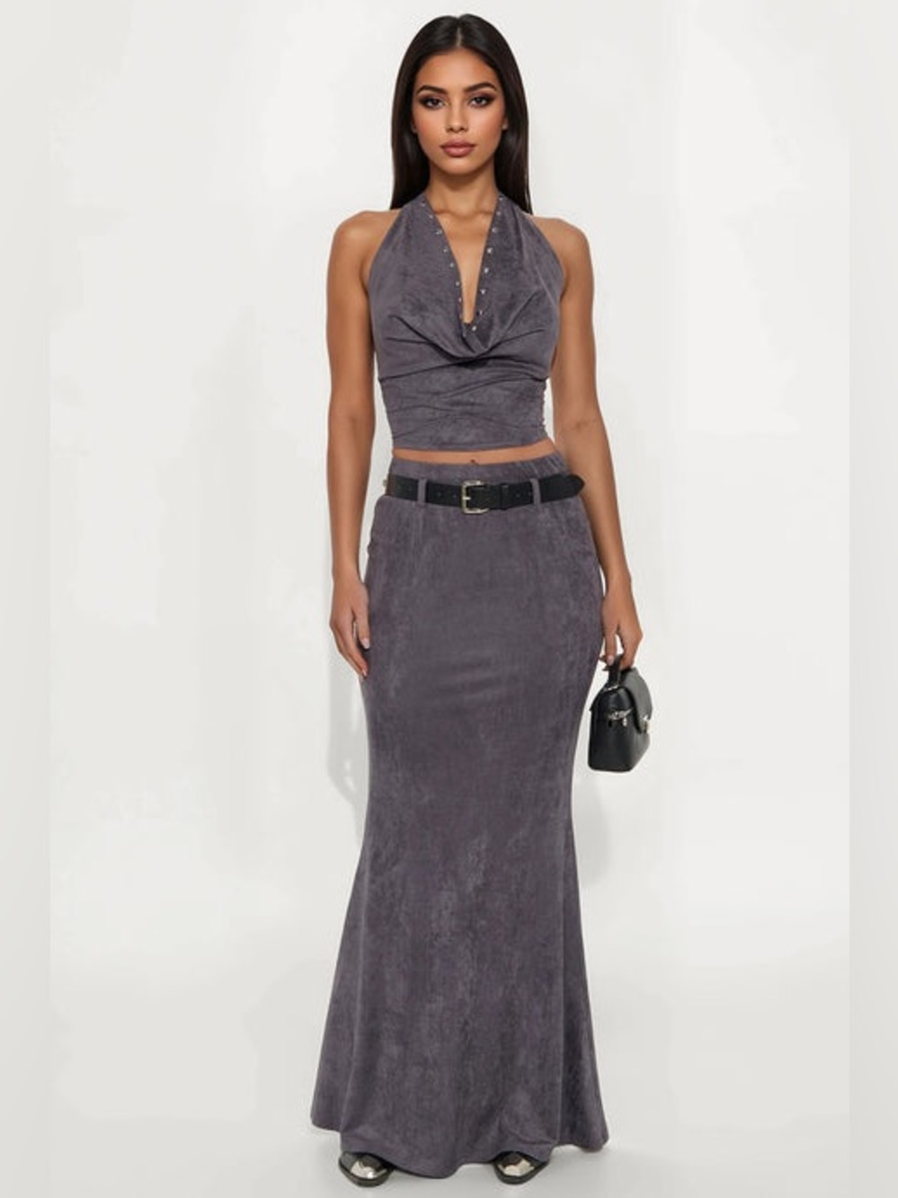 Charcoal Backless Maxi Skirt Set